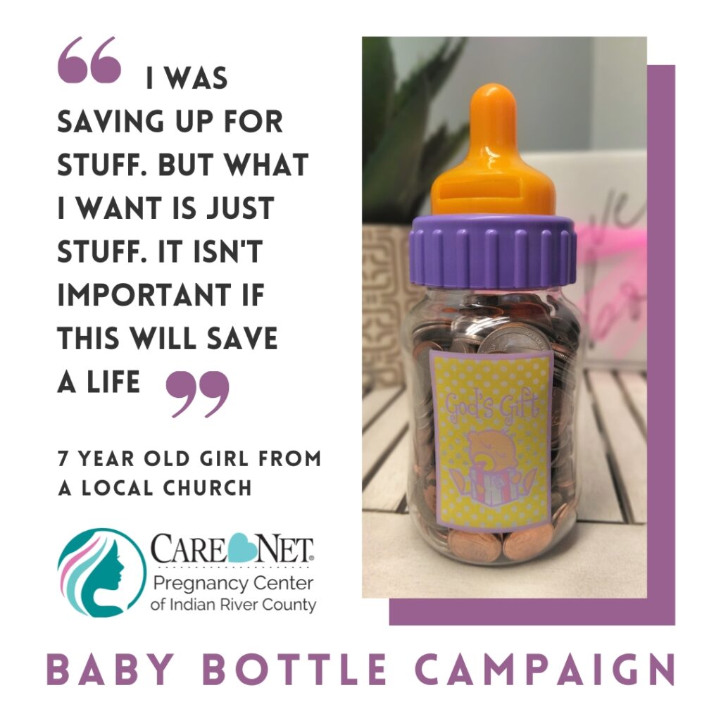 Pic of baby bottle with quote from 7 year old girl that said "I was saving up for stuff. But what I want is just stuff. It isn't important if this will save a life."